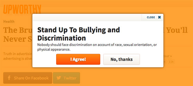 Une popup intrusive sur Upworthy