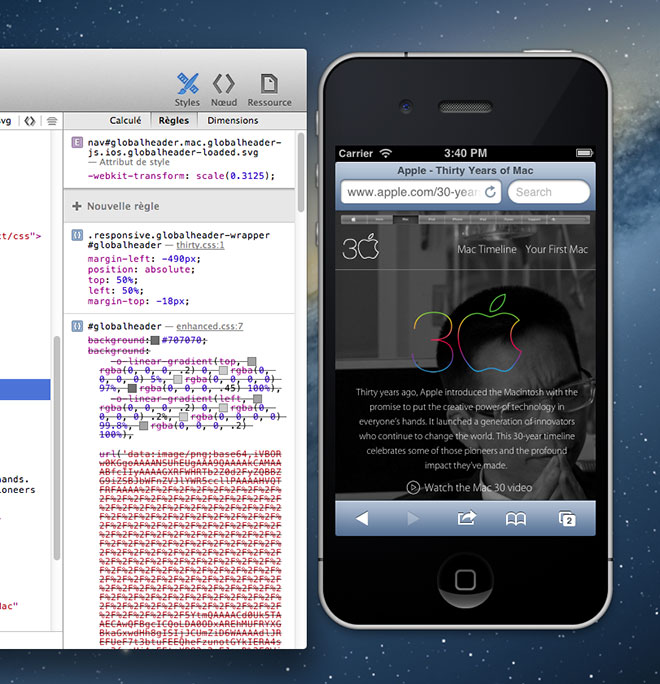 La page d'Apple vue dans l'inspecteur web de Safari Mobile