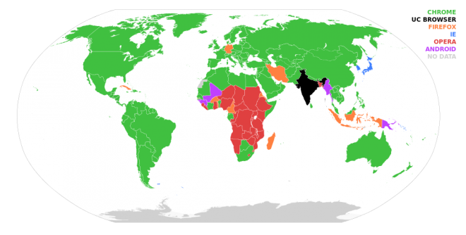 La carte mondiale des navigateurs les plus utilisés par pays