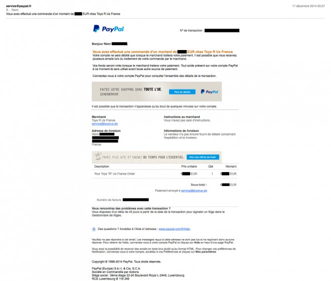 E-mail de Paypal suite à une commande