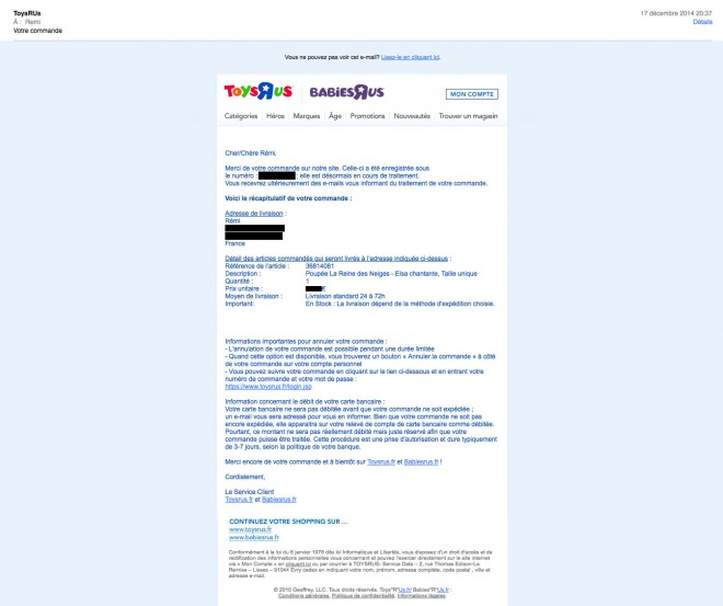 Premier e-mail de confirmation de commande de Toys R Us