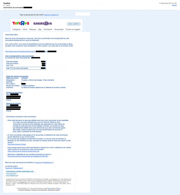 Deuxième e-mail de confirmation de commande de Toys'R'Us