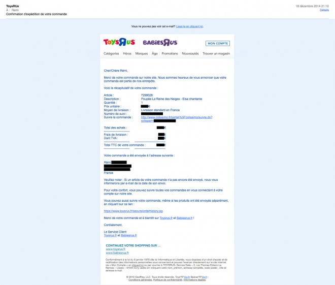 E-mail de confirmation d'expédition de Toys R Us