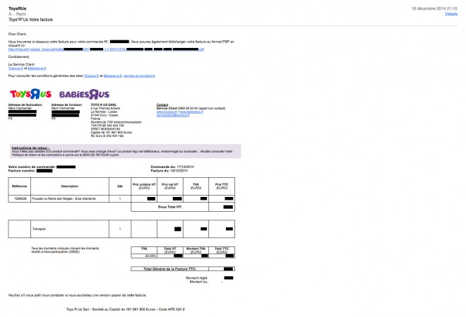 E-mail de facture envoyé par Toys R Us