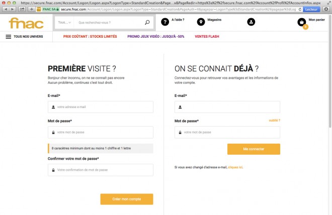 Première étape de la création de compte sur Fnac.com