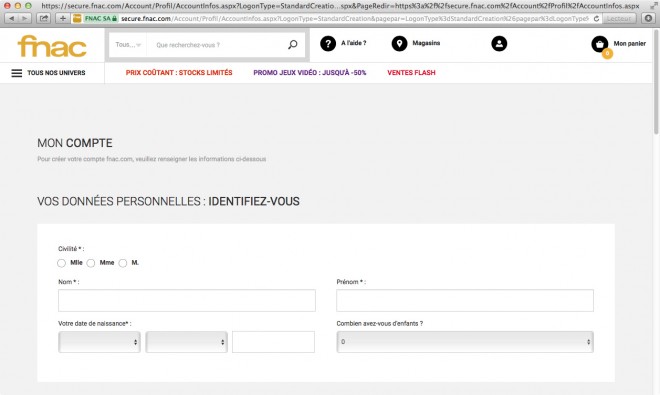 Deuxième étape de la création de compte sur Fnac.com