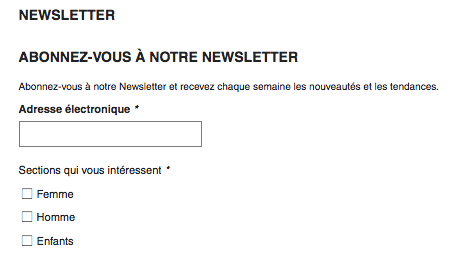 Le formulaire d'inscription à la newsletter de Zara demande les sections qui m'intéressent.
