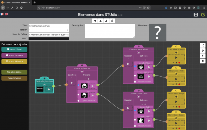 Capture d'écran de l'éditeur de STUdio. On voit un diagramme avec différents noeuds représentants les étapes de l'histoire.