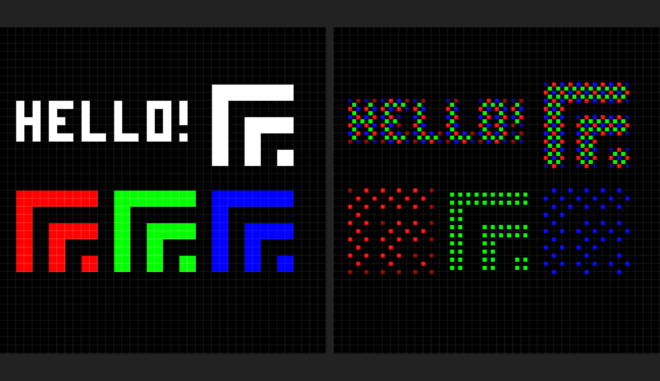 Capture d'écran de l'outil montrant à gauche divers dessins en pixels et à droite la disposition des pixels rouges, verts et bleus sur un écran.