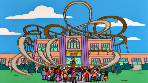 L'école de Springfield dans Les Simpsons, avec des rampes d'accès ajoutées n'importe comment sur les façades et sur le toit. Il y a même une rampe qui fait un looping sur le toit.